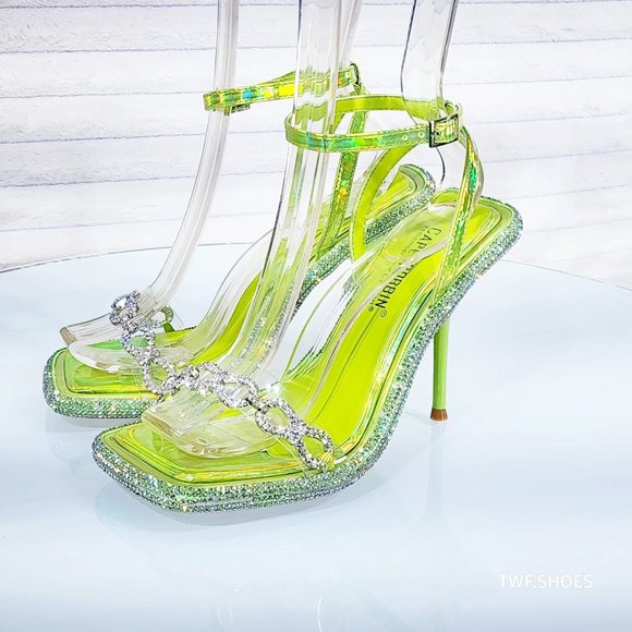 Mini .5" Rhinestone Platform Lime Green Hologram Upper Wrap Strap Heels Baily - Picture 15 of 17